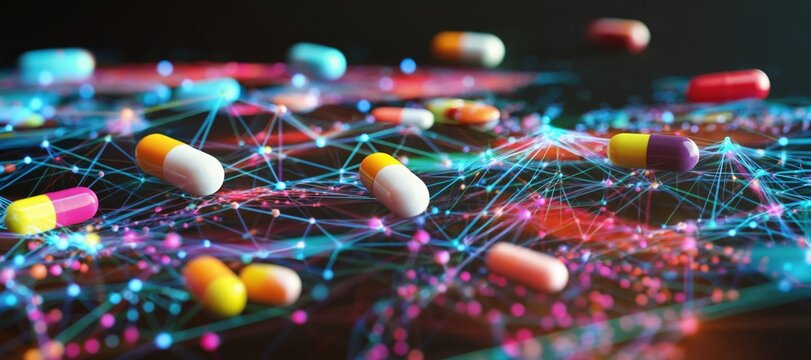 Colorful capsules scattered on a dark surface interconnected by glowing digital network lines, symbolizing pharmaceutical technology and data exchange.