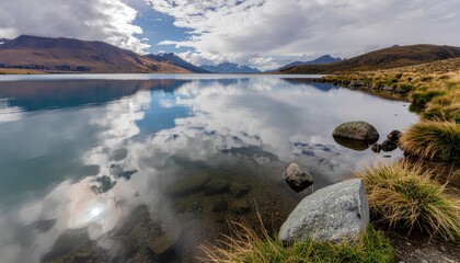 Naklejka premium Lake reflection mountains sky.