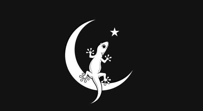 Stylized gecko on crescent moon and star illustration against black backdrop