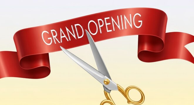 A pair of golden-handled scissors poised to cut a bright red ribbon that reads 'GRAND OPENING' in white lettering.