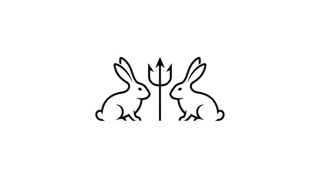 Rabbit silhouettes facing a trident symbol on white background