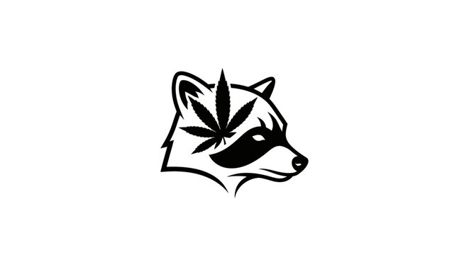 Raccoon head profile with marijuana leaf icon isolated on white background