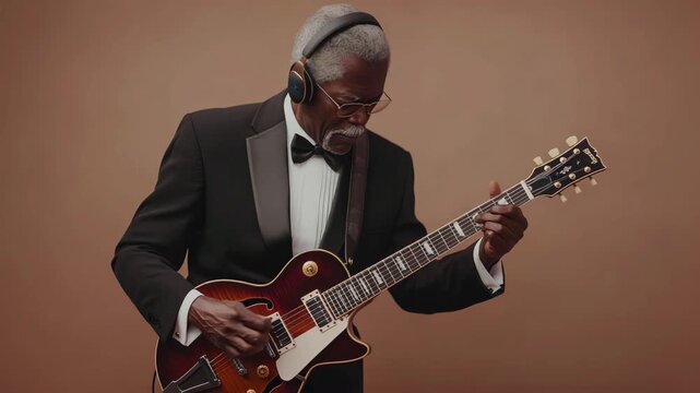 Elegant Senior Musician passionately Playing Electric Guitar in Formal Attire with Headphones blending timeless elegance with modern musical expression