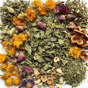 Top view of assorted dried herbs and flowers for herbal tea and aromatherapy
