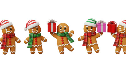 Fototapeta premium A group of six adorable 3d cartoon gingerbread men characters, dressed in festive santa hats and plaid scarves, holding glossy wrapped gift boxes against a white background, playful holiday
