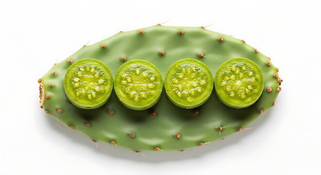 Four round slices of green prickly pear fruit arranged in a row on a flat cactus pad, isolated on a clean white background. exotic fruit for healthy eating and vegan concepts