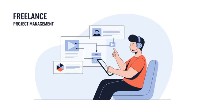 Freelance Project Management: Man working on tablet with charts and tasks