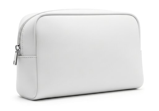 Isolated clean white cosmetic bag, zipper pouch for travel accessories, vanity makeup storage case for beauty essentials