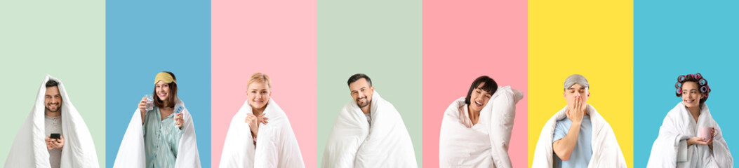 Fototapeta premium Set of people with soft blankets on color background