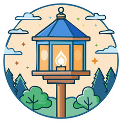 Obraz premium Stylized illustration of a glowing outdoor lantern in a tranquil forest at twilight with stars and clouds