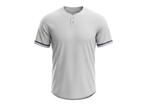 Isolated grey baseball jersey with henley collar, short sleeves, dark blue trim, blank apparel for custom branding design
