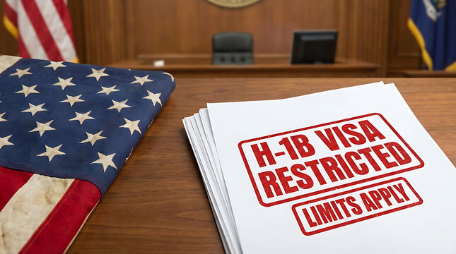 Official H1B Work Visa Restriction Document Overlaid on United States American Flag, Symbolizing Federal Employment Regulation, Migration Policy, and Legal Labor constraints in North America