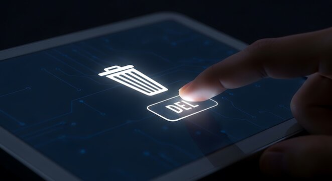 Finger pressing delete button on a digital screen with trash icon.