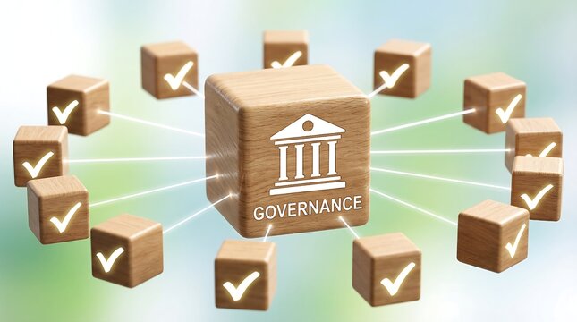 A wooden block with governance symbol surrounded by connected blocks
