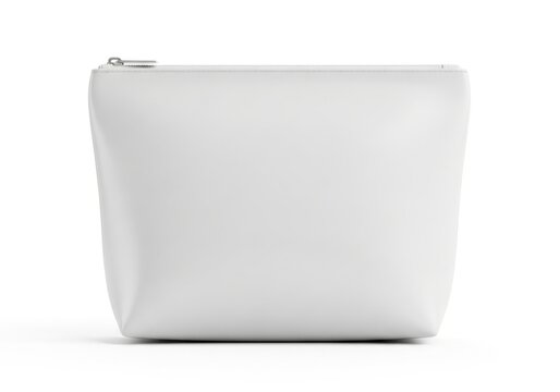 Isolated blank white cosmetic pouch with zipper, empty toiletry bag mockup for makeup accessories, branding template