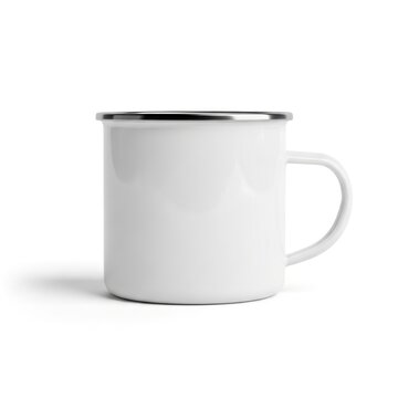 Isolated blank white enamel mug with metal rim, template for branding design, camping equipment, coffee cup for kitchenware