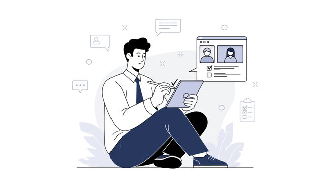 Man Using Tablet for Online Survey or Job Application with Profile Selection