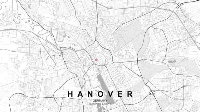 Minimal grayscale city map of Hanover, Germany with a red location pin marking a central point, showing detailed street grid and surrounding urban layout.