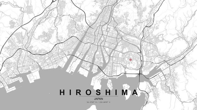 Top view city map of Hiroshima, Japan showing detailed road network, street grid, coastline, and urban layout in a clean monochrome style
