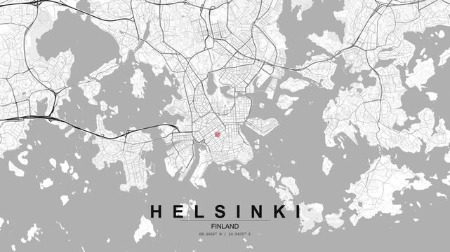 Detailed Helsinki city map of Finland showing dense street grid, coastal islands and a red location pin marking the central urban area in a clean grayscale layout.