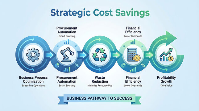 Strategic business pathway for financial cost saving and corporate process optimization featuring procurement automation and waste reduction for sustainable profitability growth.