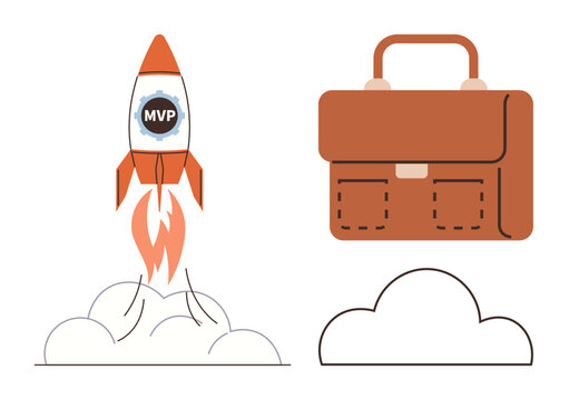 Business growth, entrepreneurship, startups, innovation, productivity, project management. Rocket with MVP logo launching, brown briefcase on white background. Business growth and entrepreneurship
