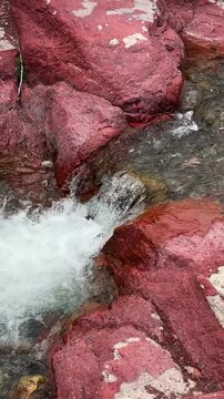 Stream flowing through layered red rock formations in Waterton Lakes National Park