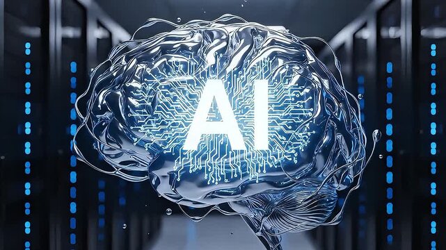 Glowing glass human brain animation with integrated electronic circuit patterns for modern artificial intelligence technology video