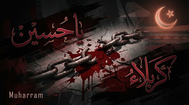 Muharram karbala remembrance symbolic chain blood concept with arabic calligraphy dramatic dark background illustration for ashura awareness poster religious tribute and cultural design use