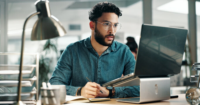 Laptop, planning and research with business man in office for reading, email marketing and journalist. Newsletter subscription, online editor and columnist with person in creative agency for media