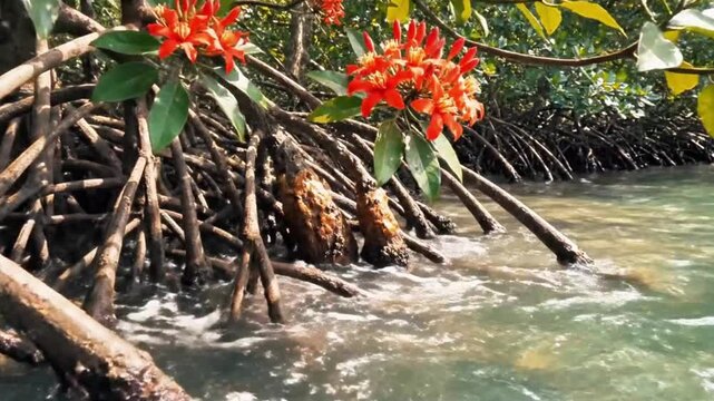 Mangrove pneumatophores with red flowers in tidal flux.
