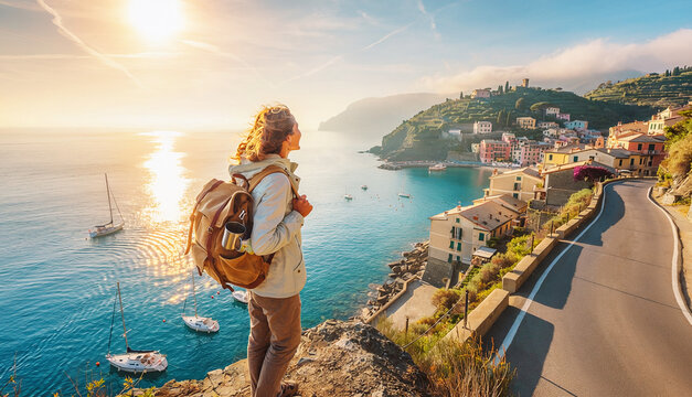 Woman Backpack Ocean Town Sunset Travel Cliff Italy