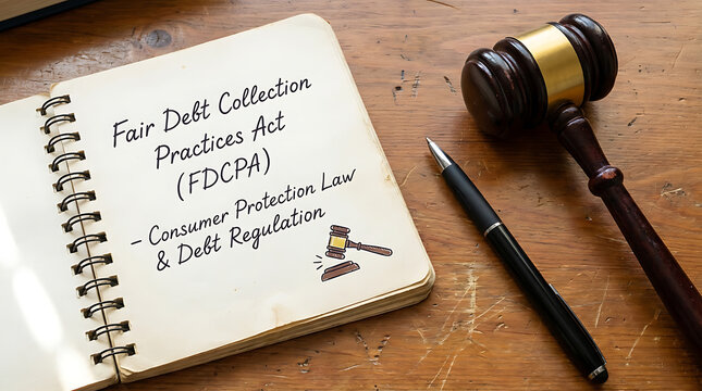 FDCPA Fair Debt Collection Practices Act handwritten on spiral notebook with legal gavel and pen on wooden desk background representing consumer protection laws and financial debt regulations.