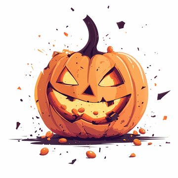 Smashed pumpkin shows signs of celebration, with scattered seeds and splinters around during Halloween festivities Generative AI