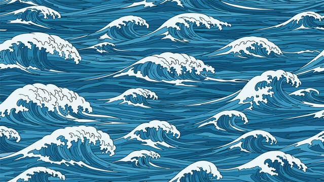Seamless repeating pattern of traditional blue ocean waves in a classic Japanese woodblock print art style.