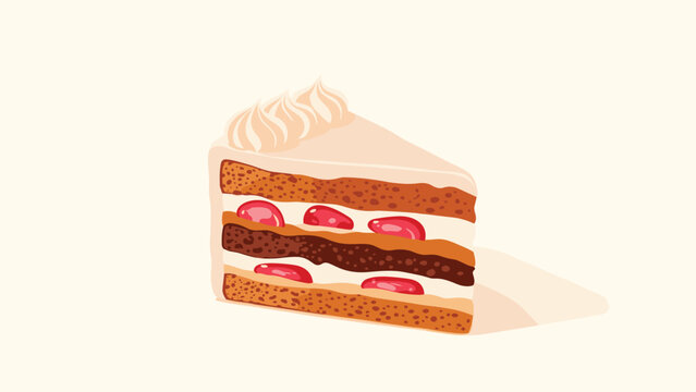 Delicious slice of layer cake featuring cream frosting and fresh strawberry pieces on a light cream background.