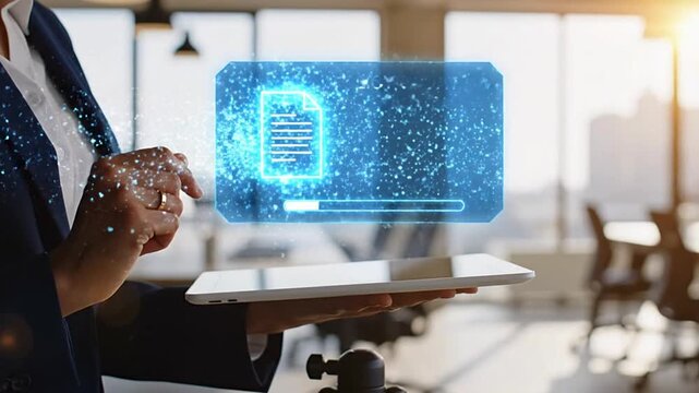 Business professional interacting with a holographic augmented reality display for policy updates and new rules management. Concept of digital compliance, corporate governance, future technology, and.