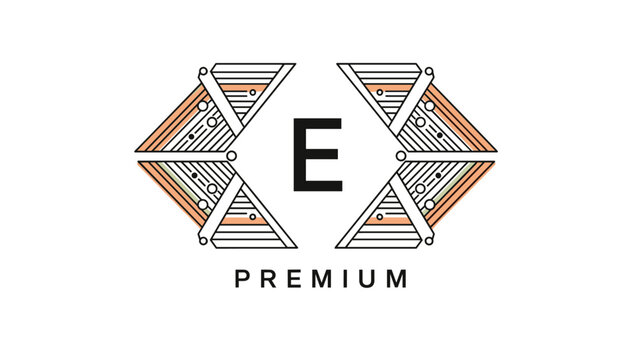 Premium quality monogram letter E with modern geometric ornamental framing elements for elegant business logo.
