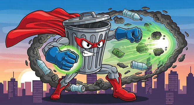 Superhero garbage can saving the environment