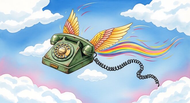 Vintage telephone with wings and rainbow stream
