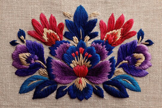 Vibrant floral embroidery showcases intricate stitching with ric