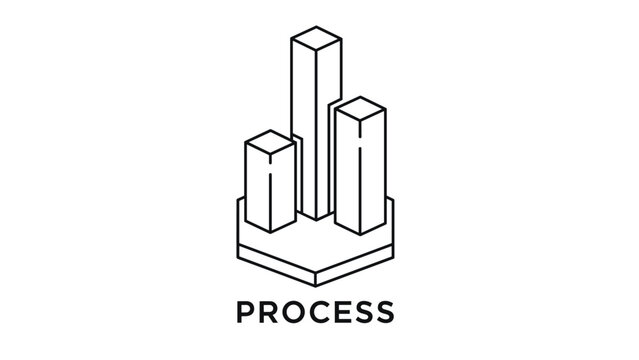Minimalist icon representing a business process with vertical bar charts for growth and performance analysis.
