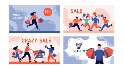 Fototapeta premium Set of promotional sale banners with happy people carrying shopping bags and carts for retail marketing ads.