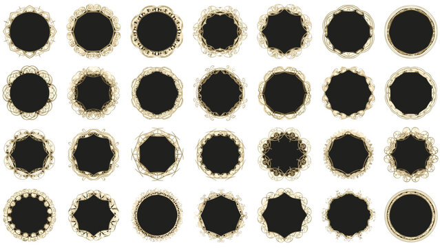 Large collection of ornate round frames with intricate patterns and flourishes for creative graphic design work.