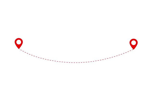 Red location pins connected by a dashed line on white background
