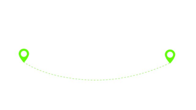 Green map pins connected by a dashed line on a white background