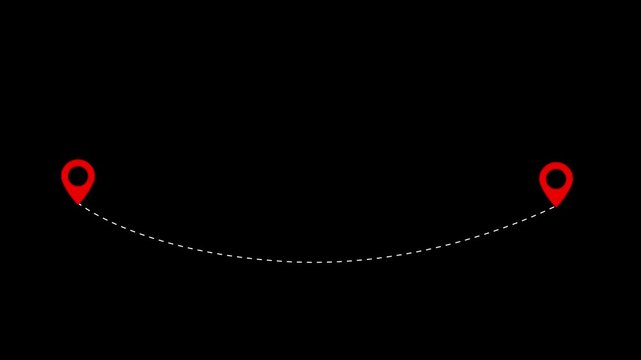 Red map pointers connected by a dashed white line on black background