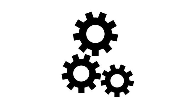 Three interlocking black gears displayed on a stark white background
