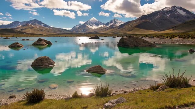Panoramic view of the natural scenery of snow-capped mountains and lakes, with picturesque reflections of the lake and mountains
