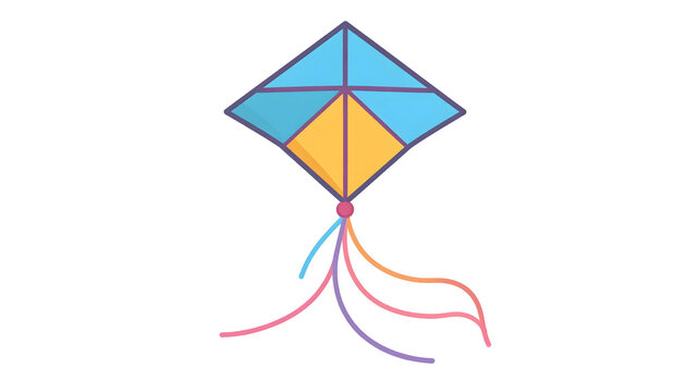 
A colorful vector illustration of a toy kite flying in the blue summer sky above a red beach parasol by the sea during a fun travel holiday
